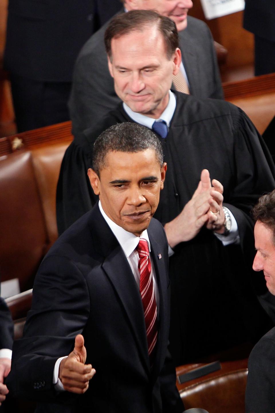 Supreme Court Justice Samuel Alito looks on on as U.S. President Barack Obama enters the chamber before speaking to both houses of Congress during his first State of the Union address (Getty Images)