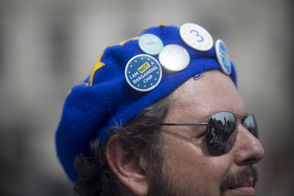 The People’s Vote: A protester listens to speeches during a demonstration against Brexit in London. Photo: Simon Dawson/Getty Images.