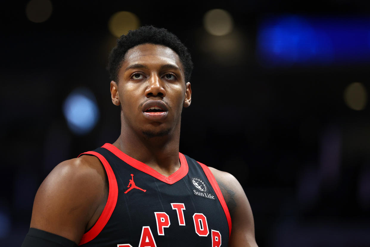 CHARLOTTE, NORTH CAROLINA - FEBRUARY 07: RJ Barrett #9 of the Toronto Raptors looks on during the first half of the game against the Charlotte Hornets at Spectrum Center on February 07, 2024 in Charlotte, North Carolina. NOTE TO USER: User expressly acknowledges and agrees that, by downloading and or using this photograph, User is consenting to the terms and conditions of the Getty Images License Agreement. (Photo by Jared C. Tilton/Getty Images)