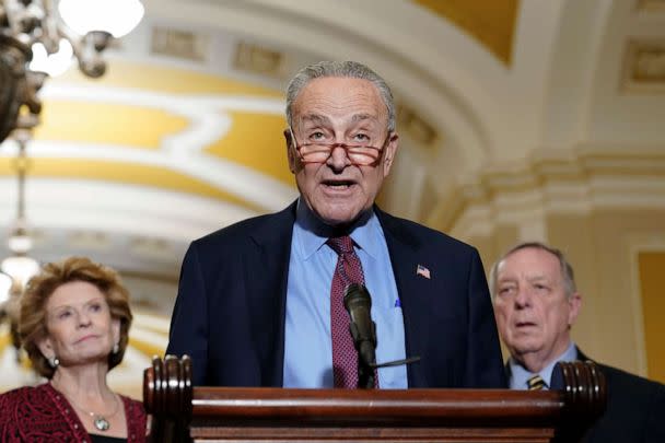 PHOTO: Senate Majority Leader Chuck Schumer, Sen. Dick Durbin, right, and Sen. Debbie Stabenow, left speak during a news conference with members of Senate Democratic leadership, Dec. 6, 2022, on Capitol Hill in Washington. (Mariam Zuhaib/AP)