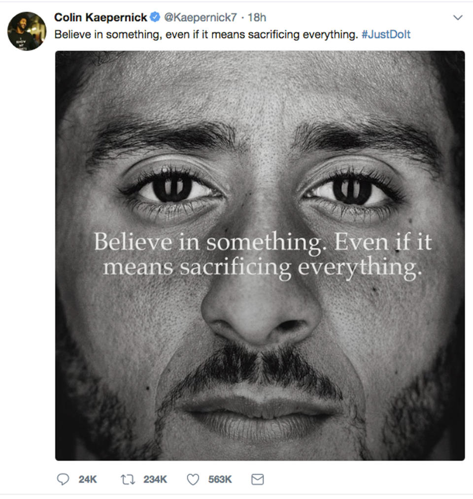 Colin Kaepernick is the face of Nike’s 30th anniversary campaign. (AP)