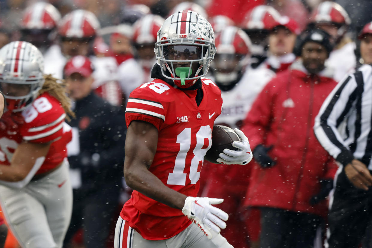 Ohio State wide receiver Marvin Harrison runs against Indiana during an NCAA college football game Saturday, Nov. 12, 2022 in Columbus, Ohio. Ohio State won 56-14. (AP Photo/Paul Vernon)