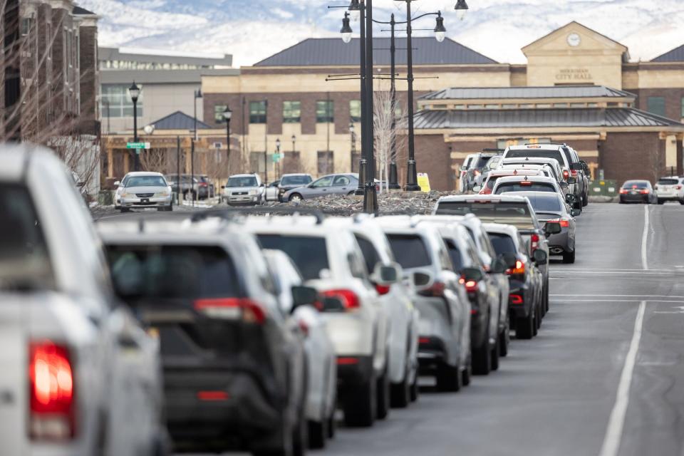 People wait in line for COVID-19 tests at City Hall in Herriman on Thursday, Jan. 6, 2022. | Spenser Heaps, Deseret News