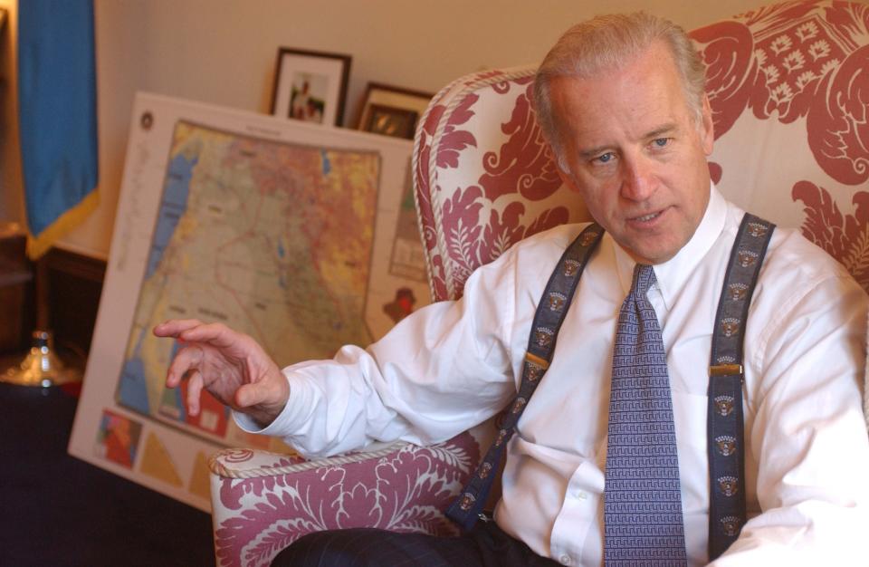 Biden, ranking Democrat on the Senate Foreign Relations Committee, during an interview in his office about the possibility of war with Iraq and Secretary of State Colin Powell's intelligence briefing of the United Nations Security Council on Feb. 5, 2003.