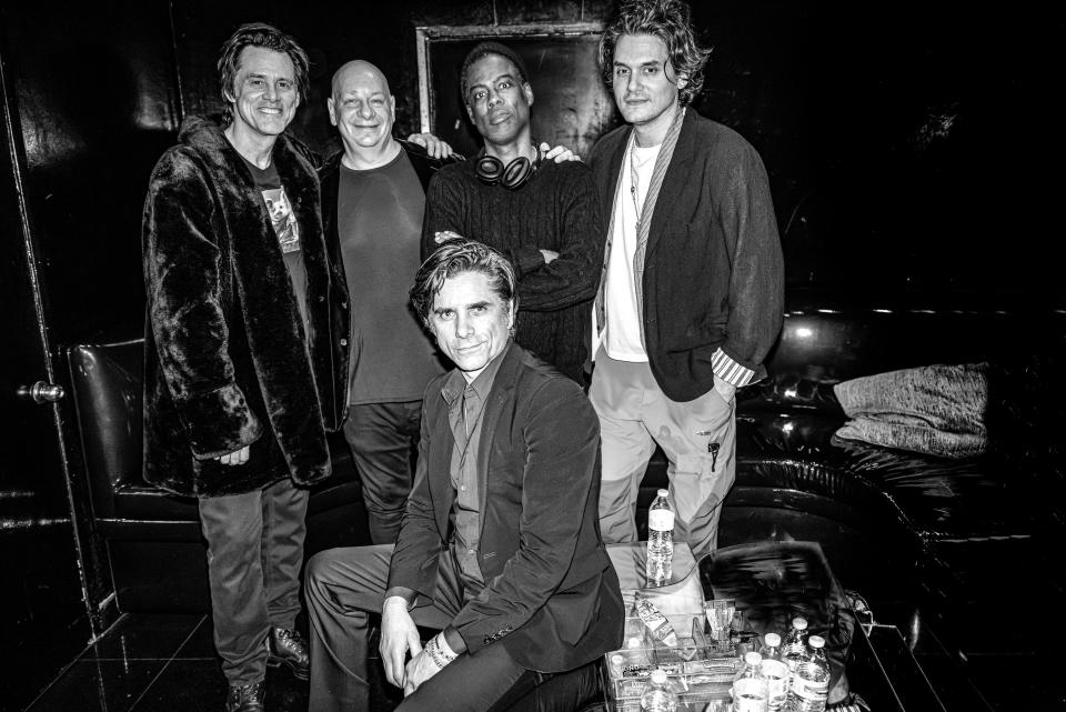 Those on-hand to celebrate Bob Saget's life – Jim Carrey, Jeff Ross, Chris Rock, John Mayer and John Stamos – pose for a picture.