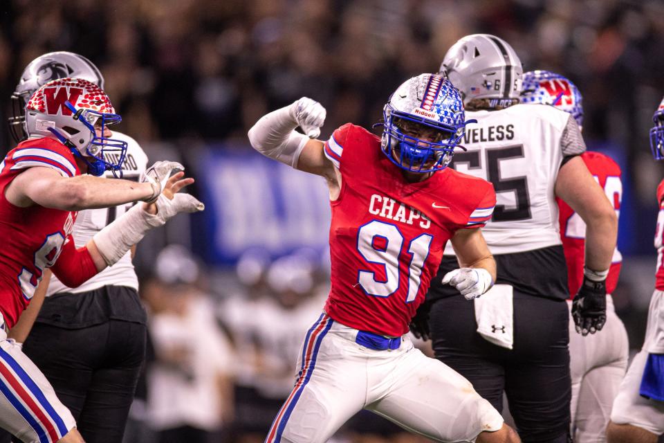 Westlake defensive lineman Colton Vasek celebrates a sack against Denton Guyer in the Class 6A Division II state championship game in December. An Oklahoma pledge, Vask was named to MaxPreps' preseason All-America team.