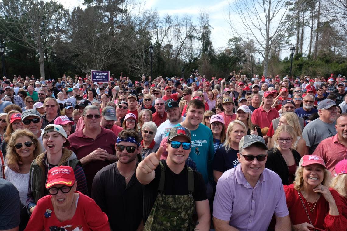 Thousands wait outside in advance of former President Donald Trump’s speech at Coastal Carolina University in Conway on Saturday, Feb. 10, 2024.