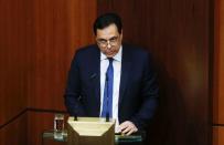 FILE PHOTO: Lebanese PM Diab, presents his government's policy statement to parliament during a session for a vote of confidence in Beirut