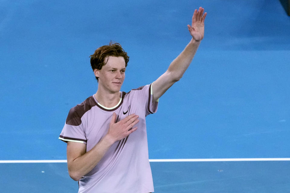 Jannik Sinner of Italy celebrates after defeating Daniil Medvedev of Russia in the men's singles final at the Australian Open tennis championships at Melbourne Park, in Melbourne, Australia, Sunday, Jan. 28, 2024. (AP Photo/Mark Baker)