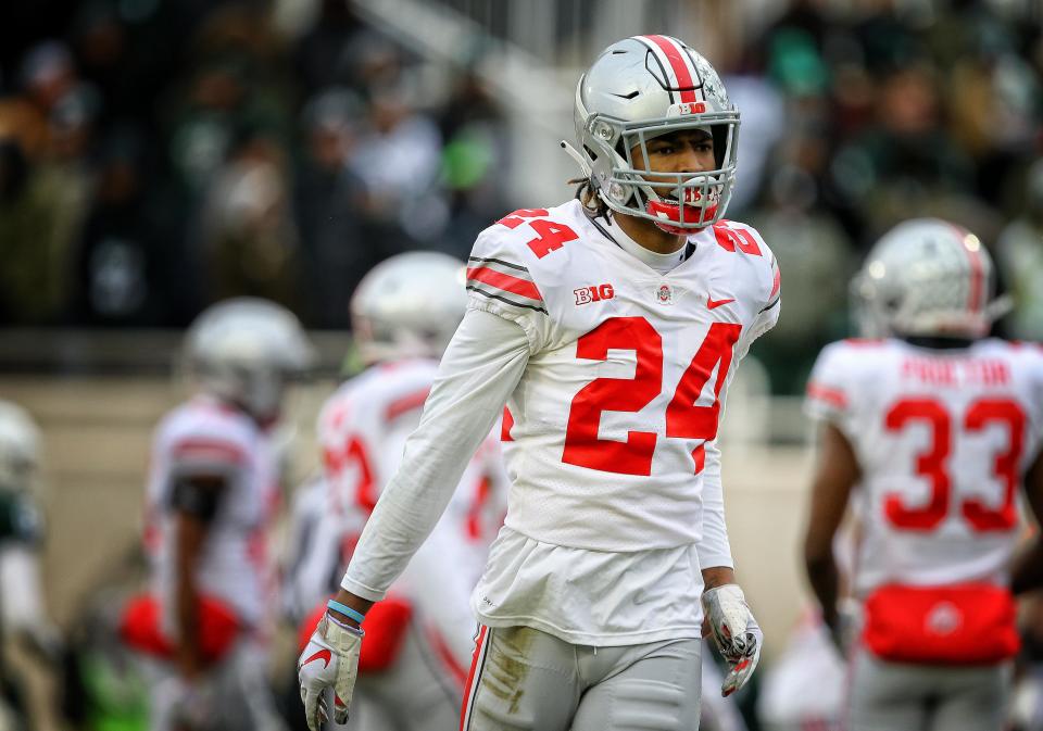 Nov 10, 2018; East Lansing, MI, USA; Ohio State Buckeyes cornerback Shaun Wade (24) reacts during the second half of a game against the Michigan State Spartans at Spartan Stadium. Mandatory Credit: Mike Carter-USA TODAY Sports