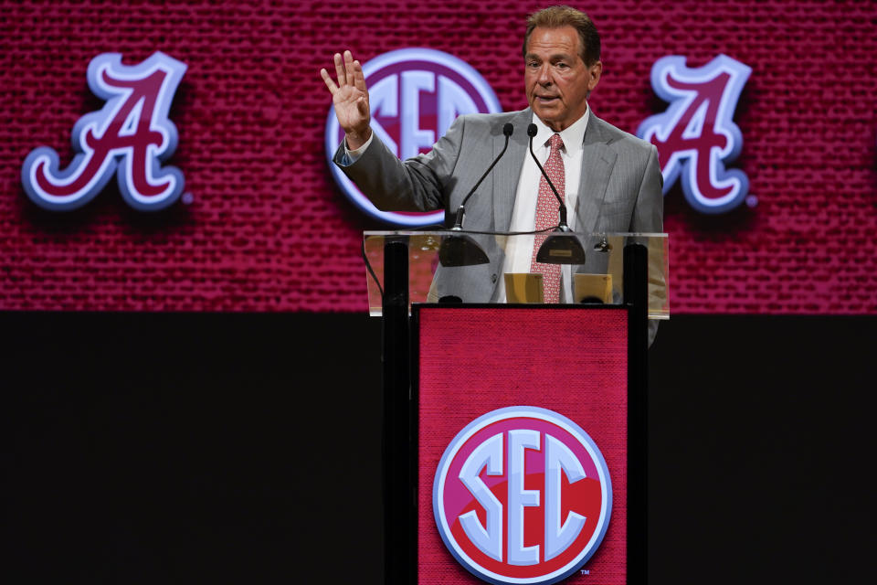 Alabama head coach Nick Saban speaks during NCAA college football Southeastern Conference Media Days, Wednesday, July 19, 2023, in Nashville, Tenn. (AP Photo/George Walker IV)