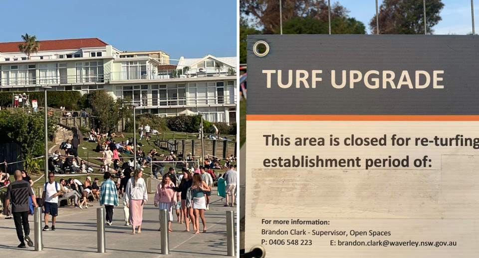 A photo of people sitting on the turf in Bondi beach when there's a sign saying they shouldn't. A photo of the sign. 