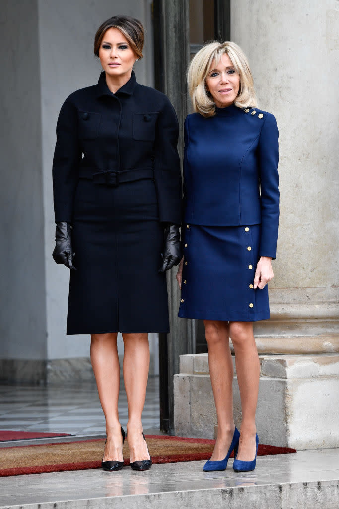 Melania Trump opted for a belted dress by Bottega Veneta at Élysée Palace in Paris on November 10. [Photo: Getty]