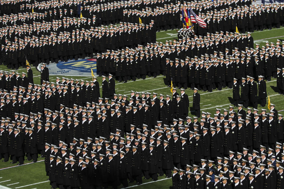 The Navy march-on takes place before the start of the Army Navy college football game at Lincoln Financial Field in Philadelphia on Saturday, Dec. 10, 2022. (Heather Khalifa/The Philadelphia Inquirer via AP)