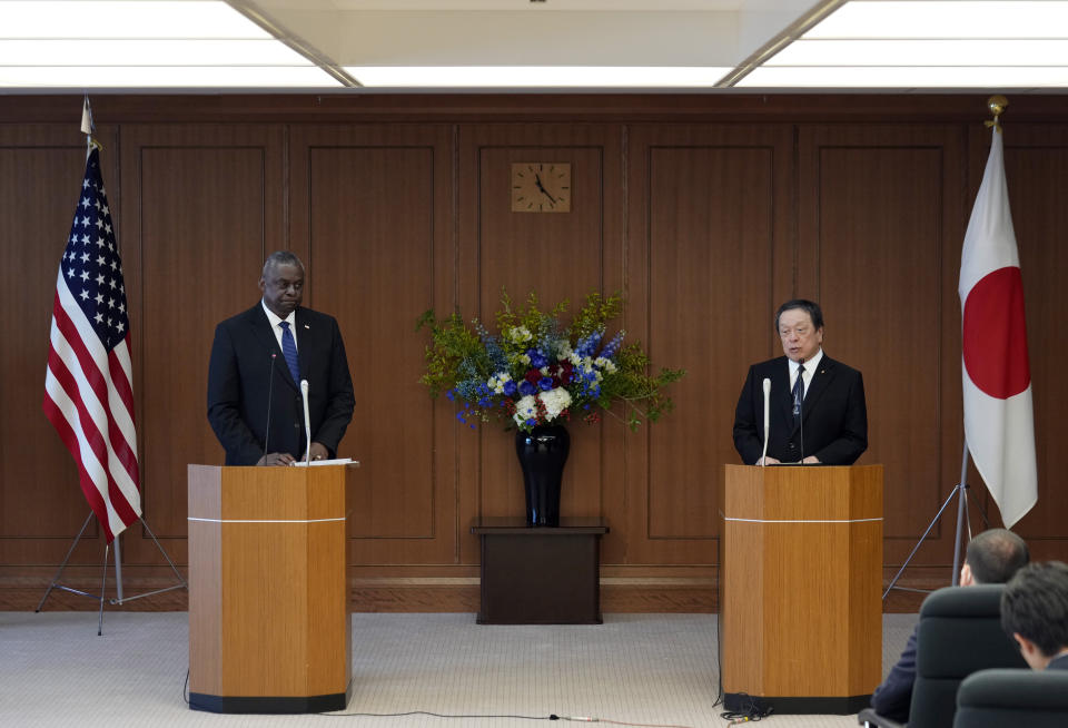 U.S. Defense Secretary Lloyd Austin, left, and Japanese Defense Minister Yasukazu Hamada attend a joint press conference after their meeting at the Defense Ministry in Tokyo Thursday, June 1, 2023. (Franck Robichon/Pool Photo via AP)