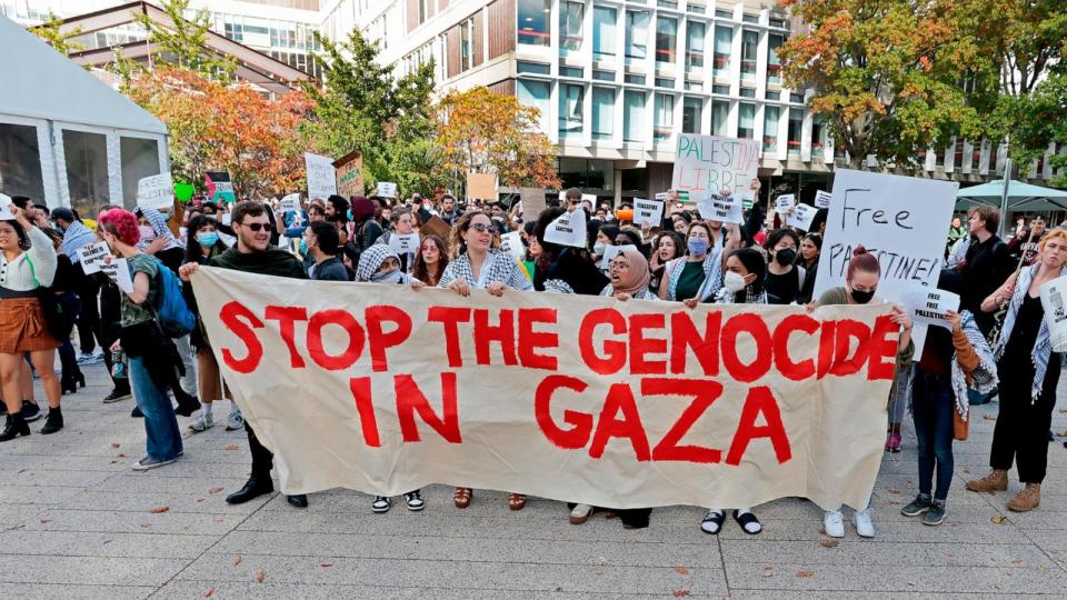 PHOTO: While Harvard Yard is closed and open only to those with Harvard IDs, pro-Palestine students march and protest around the campus, Cambridge, Mass, Oct. 19, 2023. (Boston Globe via Getty Images, FILE)