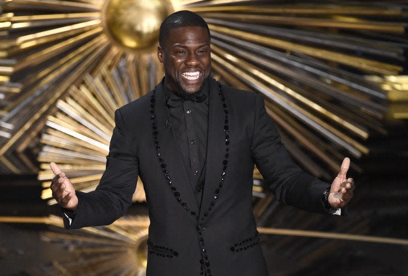 Kevin Hart speaks at the Oscars at the Dolby Theatre in Los Angeles on Feb. 28. His new talk show, "Hart to Heart," premieres today on Peacock.