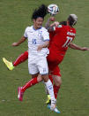 Switzerland's Valon Behrami (R) jumps for the ball with Roger Espinoza of Honduras during their 2014 World Cup Group E soccer match at the Amazonia arena in Manaus June 25, 2014. REUTERS/Andres Stapff (BRAZIL - Tags: SOCCER SPORT WORLD CUP)