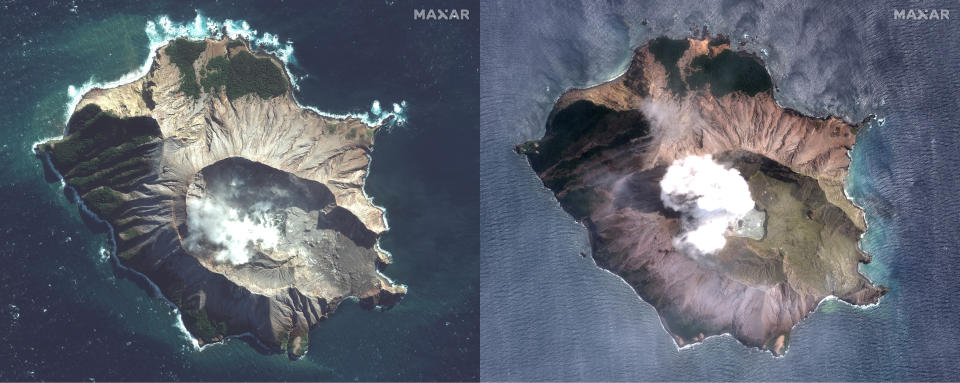 In this combo made from two satellite images taken May 12, 2019, left, and Dec. 11, 2019, right, by Maxar Technologies steam rises from the volcano on White Island off the coast of Whakatane, New Zealand. The White Island volcano vented more steam and mud Wednesday, Dec. 11, 2019, in an increase of geothermal activity that again delayed the recovery of victims' bodies from a deadly eruption two days ago. (Satellite image ©2019 Maxar Technologies via AP)