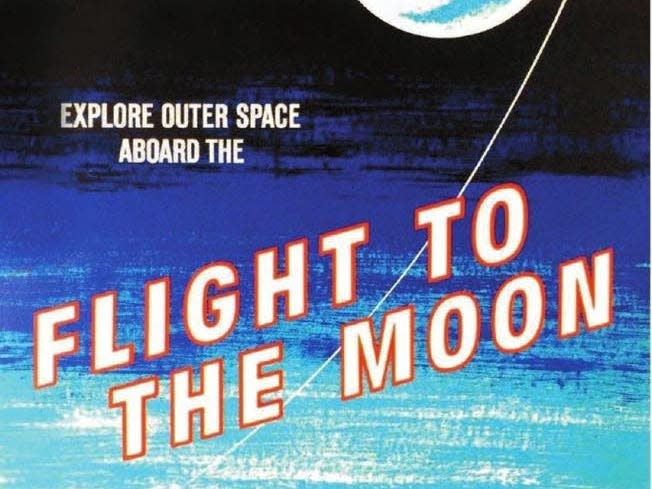 An illustration of the words "Explore outer space aboard the Flight to the Moon" with a moon drawing.