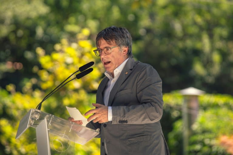 Carles Puigdemont habla durante el acto celebrado el 27 de julio de 2024 en la localidad de Amélie les Bains Palalda, al sureste de Francia, a 25 km de la frontera con España (Idriss Bigou-Gilles)