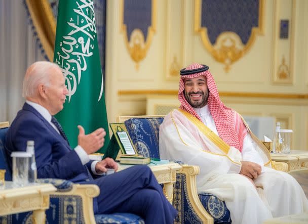 PHOTO: President Joe Biden meets with Saudi Crown Prince Mohammed bin Salman at Al-Salam Palace in the Red Sea port of Jeddah, Saudi Arabia, July 15, 2022. (Saudi Royal Palace/AFP via Getty Images)