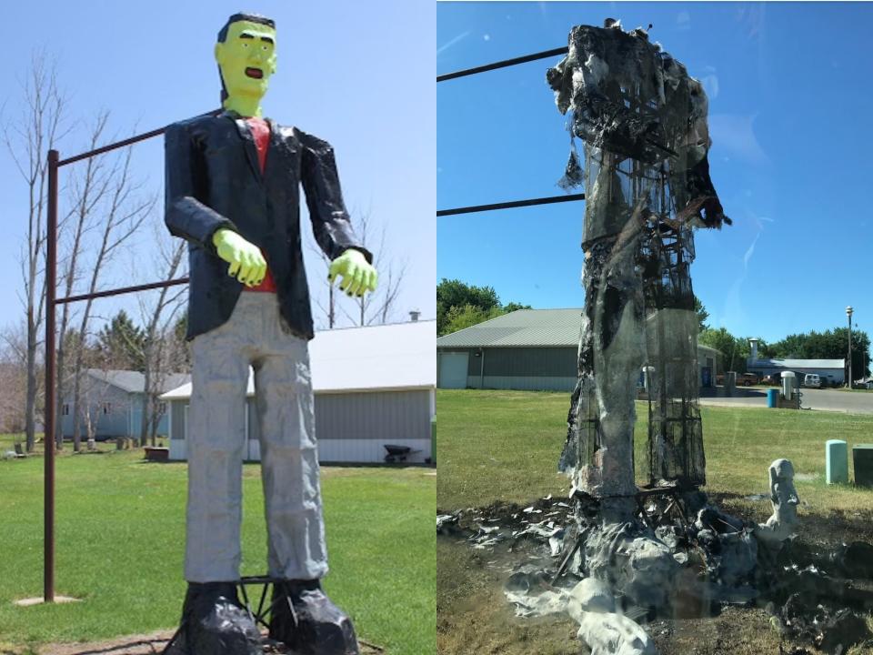 Neighbour charged with torching 20-foot tall Frankenstein statue worth $14,000 (Mark and Vicki Borneke)