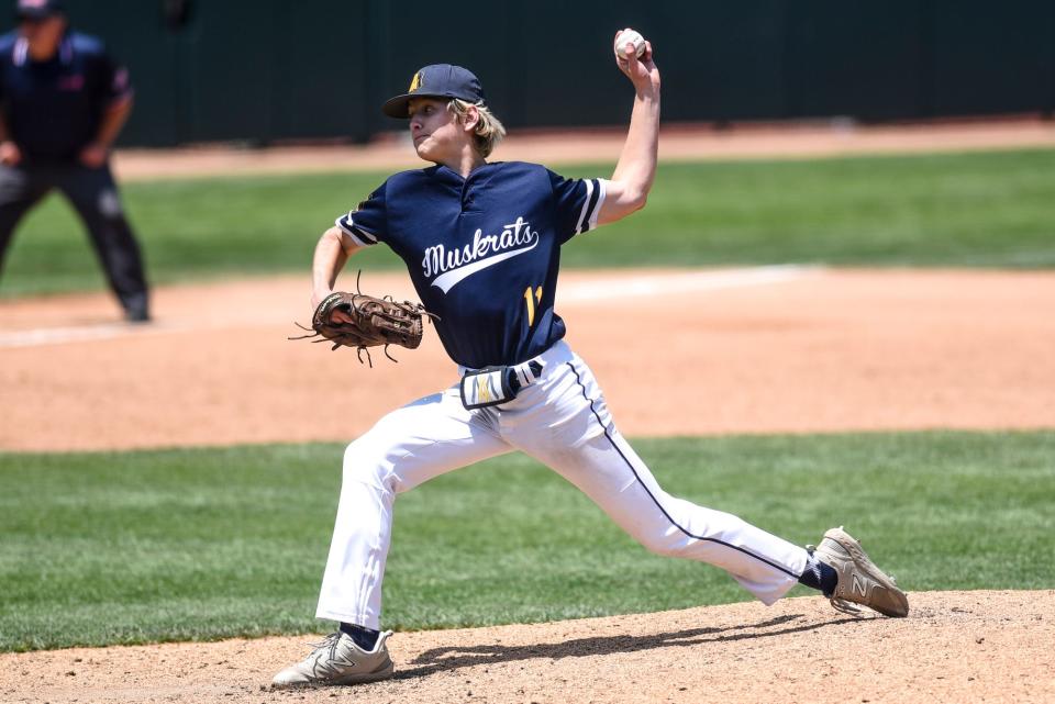Algonac's Bryce Simpson pitches to a Bridgman batter during the fourth inning on Saturday, June 17, 2023, at McLane Stadium on the MSU campus in East Lansing.