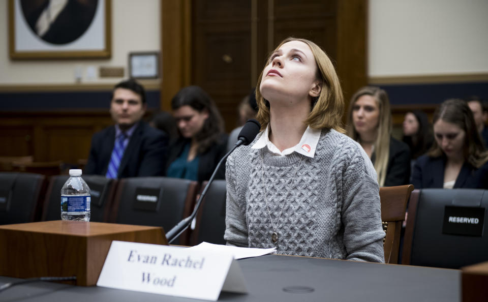 Actress Evan Rachel Wood testifies during&nbsp;a House Judiciary Committee hearing on sexual assault survivors' rights on Feb. 27.&nbsp; (Photo: Bill Clark via Getty Images)