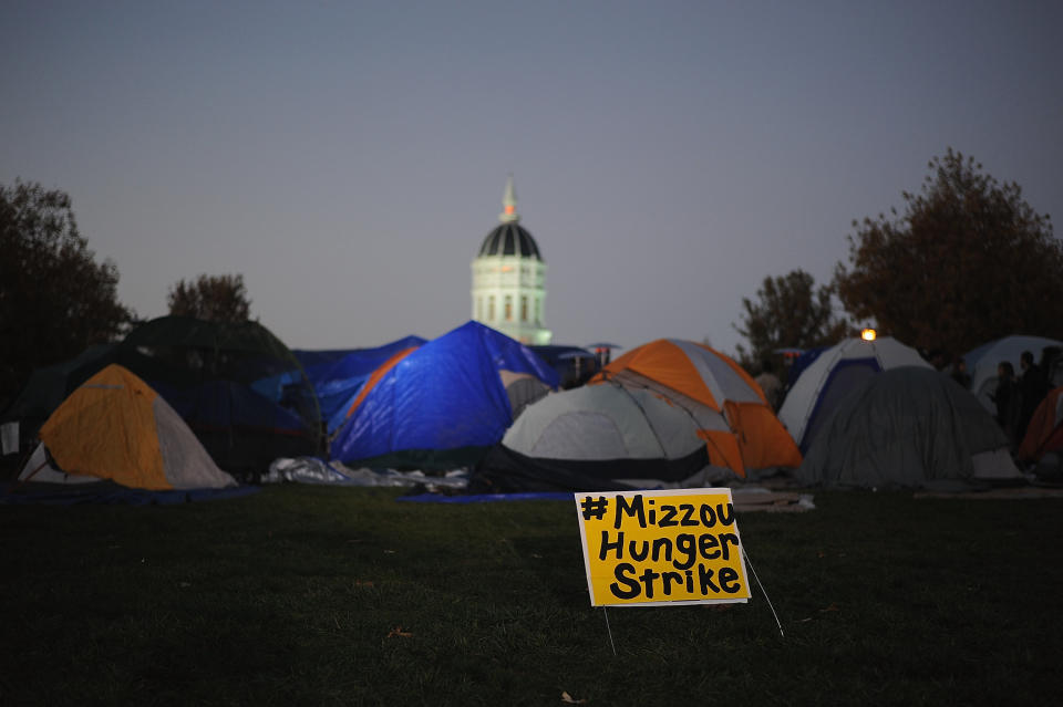 COLUMBIA, MO - NOVEMBER 9: Tents remain on the Mel Carnahan quad on the campus of University of Missouri - Columbia on November 9, 2015 in Columbia, Missouri. University of Missouri System President Tim Wolfe resigned today amid protests over racial tensions at the university.  (Photo by Michael B. Thomas/Getty Images)