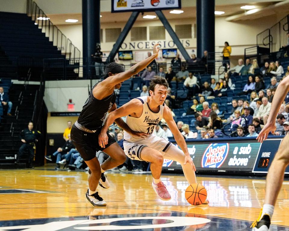 Monmouth's Jack Collins, who finished with a team-high 15 points, drives against William & Mary at OceanFirst Bank Center in West Long Branch, N.J. on Feb. 8, 2024.