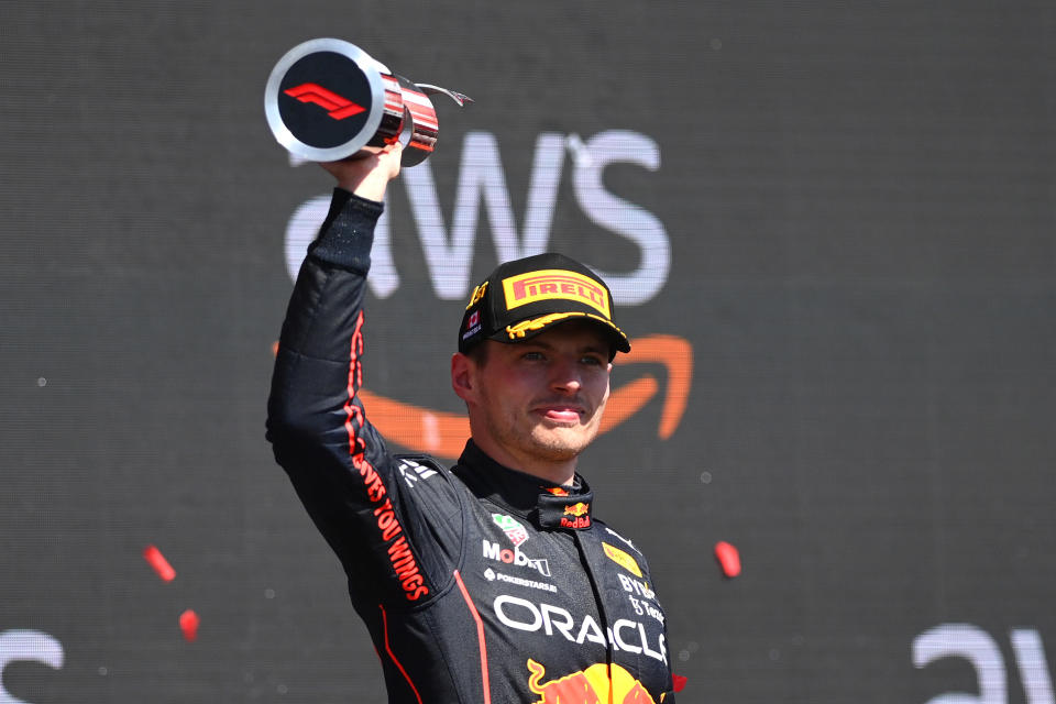 Max Verstappen, pictured here celebrating on the podium after winning the Canadian Grand Prix.