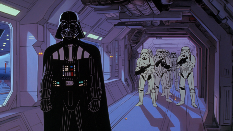 Darth Vader leading stormtroopers down a spaceship corridor