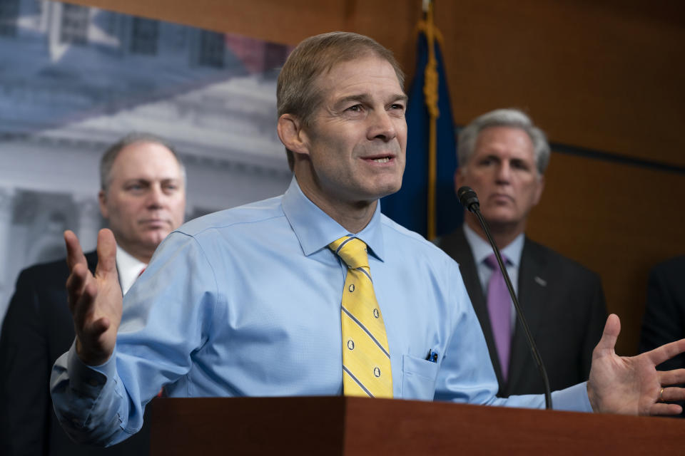 Rep. Jim Jordan, R-Ohio, a member of the House Judiciary Committee, center, flanked by Minority Whip Steve Scalise, R-La., left, and House Republican Leader Kevin McCarthy, D-Calif., criticizes House Speaker Nancy Pelosi, D-Calif., and the Democrats for launching a formal impeachment inquiry against President Donald Trump, at the Capitol in Washington, Wednesday, Sept. 25, 2019. (AP Photo/J. Scott Applewhite)