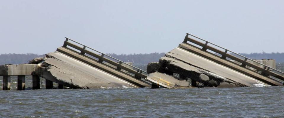 A bridge that collapsed in Biloxi, Mississippi, during Hurricane Katrina in 2005