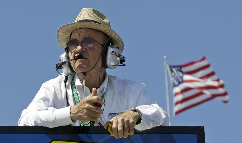 FILE - In this April 5, 2013, file photo, team owner Jack Roush watches practice for the NASCAR Sprint Cup series auto race at Martinsville Speedway in Martinsville, Va. Roush is being inducted into the NASCAR Hall of Fame on Friday, Feb. 1, 2019. (AP Photo/Steve Helber, File)