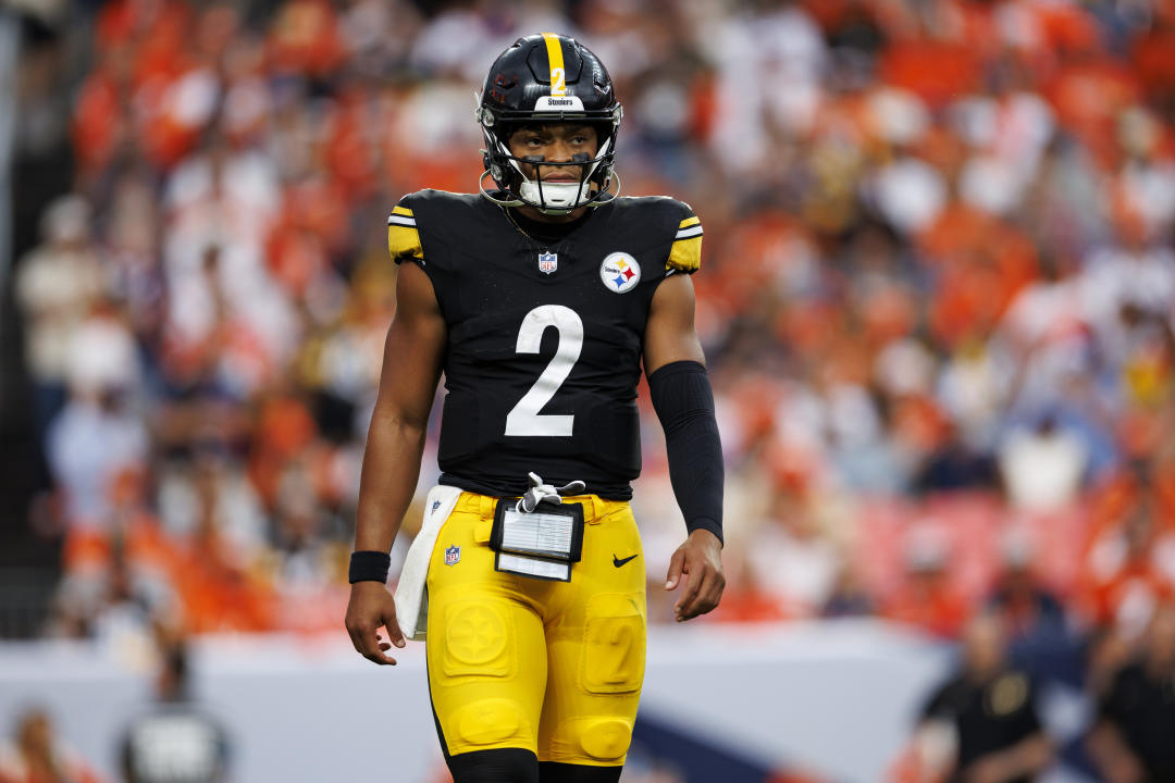 DENVER, CO - SEPTEMBER 15: Quarterback Justin Fields #2 of the Pittsburgh Steelers stands on the field during the fourth quarter of an NFL football game against the Denver Broncos, at Empower Field at Mile High on September 15, 2024 in Denver, Colorado. (Photo by Brooke Sutton/Getty Images)