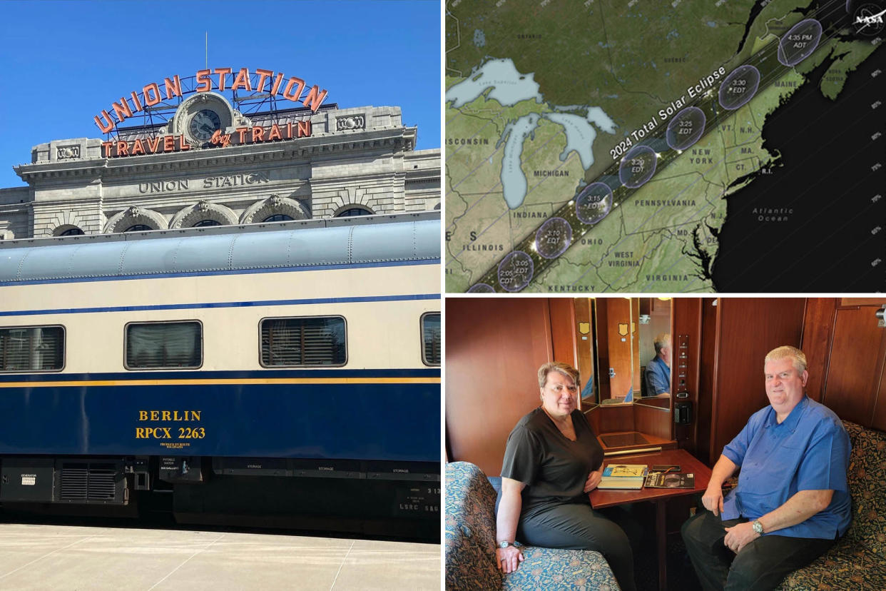 A composite photo of a vintage train, the total eclipse path and Lisa and Don Combs aboard the Berlin train