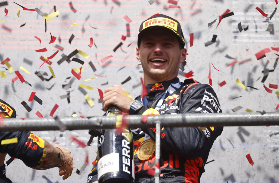 Formula One F1 - Belgian Grand Prix - Spa-Francorchamps, Spa, Belgium - July 30, 2023
Red Bull's Max Verstappen celebrates with sparkling wine on the podium after winning the race REUTERS/Johanna Geron