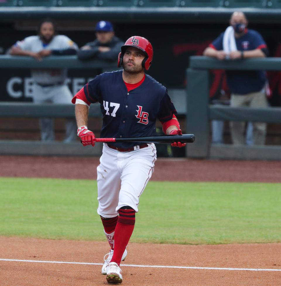 The Louisville Bats Joey Votto (47) headed back to the dugout after striking out against the St. Paul Saints at Slugger Field in Louisville, Ky. on June 2, 2021.  The Cincinnati Reds first baseman went 0-for-3 during his rehab stint for a fractured left thumb with the Bats.