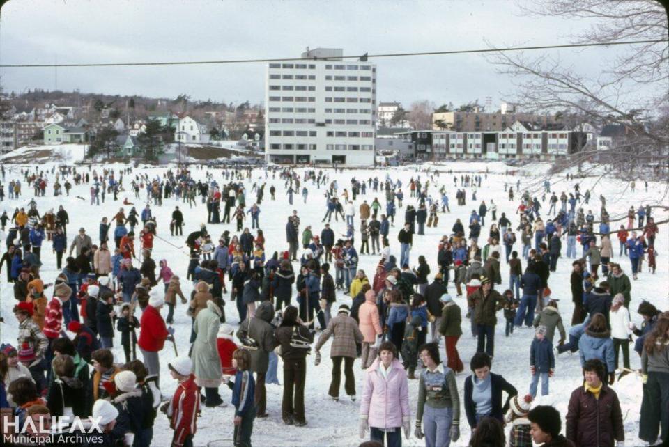 A huge crowd of people enjoy a skate on Chocolate Lake in this archival photo from February of 1977.