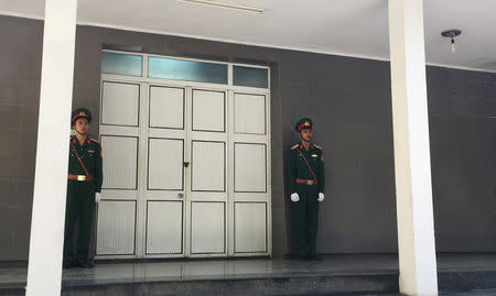 Vietnamese soldiers stand guard outside a morgue, where the body of Vietnam's President Tran Dai Quang is believed to be kept, at the National Military Hospital 108 in Hanoi, Vietnam September 21, 2018. REUTERS/Mai Nguyen