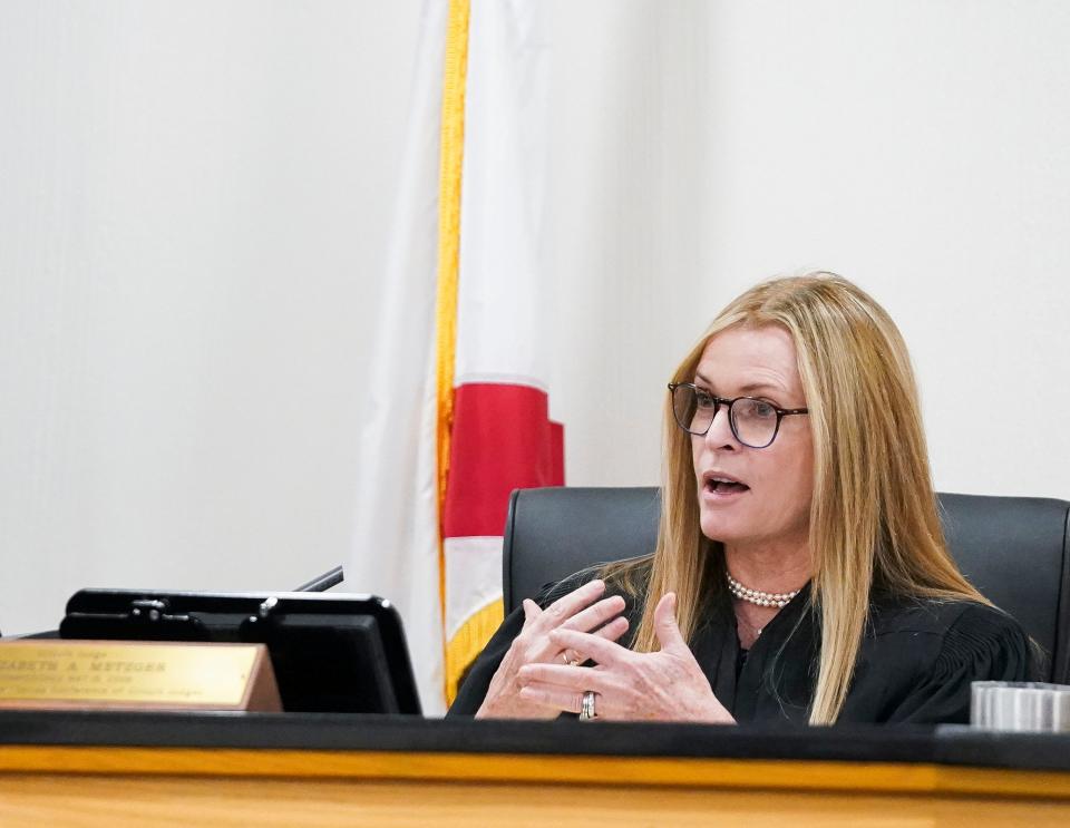 Tiger Woods' attorneys argue before Circuit Judge Elizabeth Metzger Tuesday, May, 9, 2023, in the Martin County Courthouse in Stuart that his ex-girlfriend's lawsuit against him should be halted because Erica Herman, 39, signed a nondisclosure agreement requiring that any disagreements between them be settled in private by an arbitrator. Judge Metzer did not give a ruling in court, but is expected to rule this week. Herman is suing Woods to get out of the agreement, saying she was the victim of his sexual harassment. She has also filed a separate $30 million illegal eviction lawsuit against the trust that owns his $54 million Florida mansion.