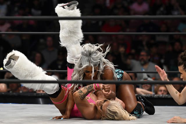 <p>mpi04/MediaPunch /IPX/AP Photo</p> Jade Cargill (top) and Taya Valkyrie (bottom) photographed during the AEW Wrestling Dynamite event in Sunrise, Florida in 2023
