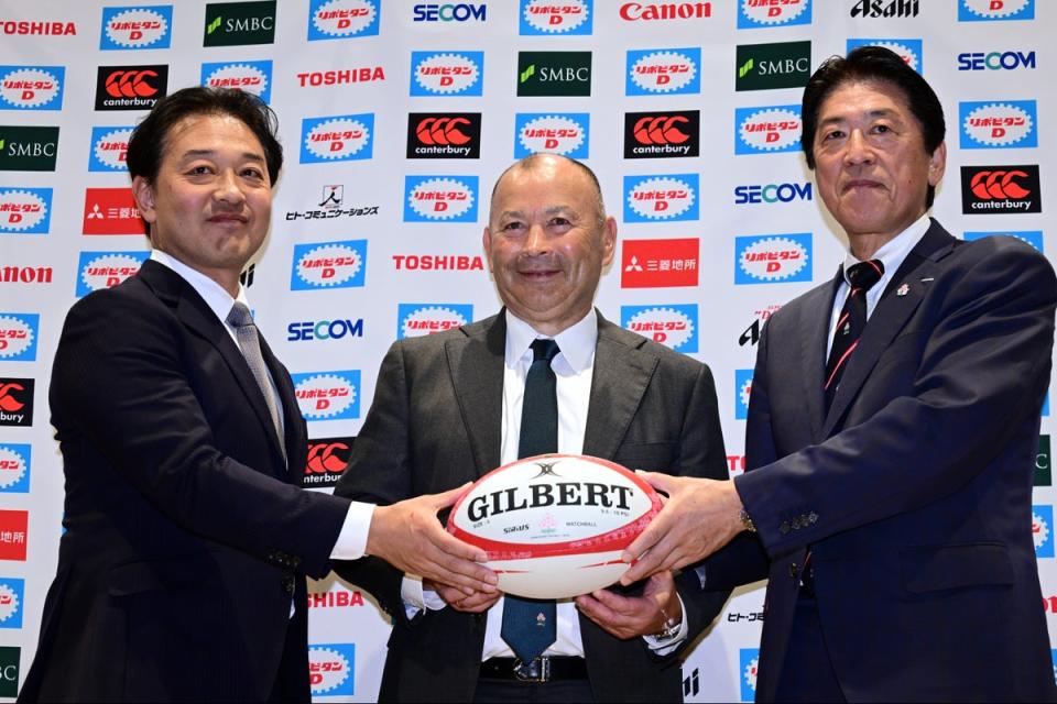 Jones, posing here during a press conference, maintains he did not have a formal interview for the Japan vacancy before the World Cup (Getty)