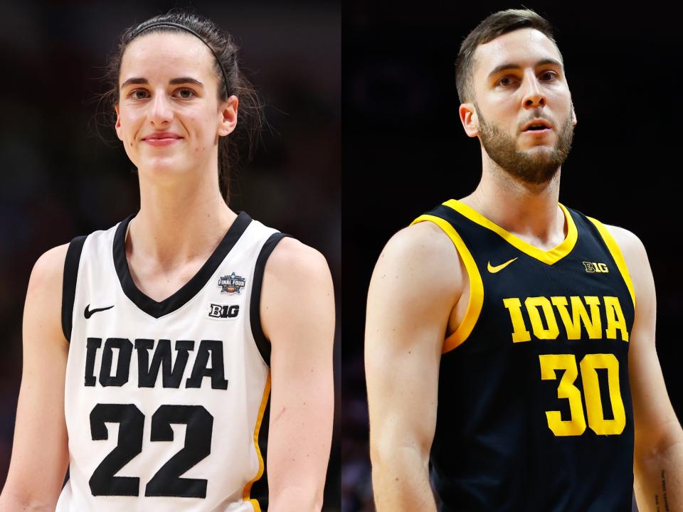 Split image: (L) Caitlin Clark during the 2023 NCAA Women's Basketball Tournament championship. (R) Connor McCaffery during a 2023 game against Rutgers.