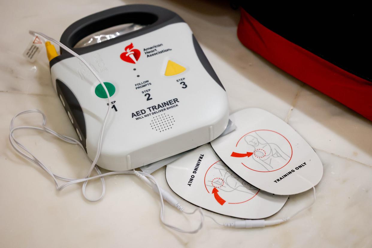 A defibrillator for cardiac arrest is pictured Monday at the event.