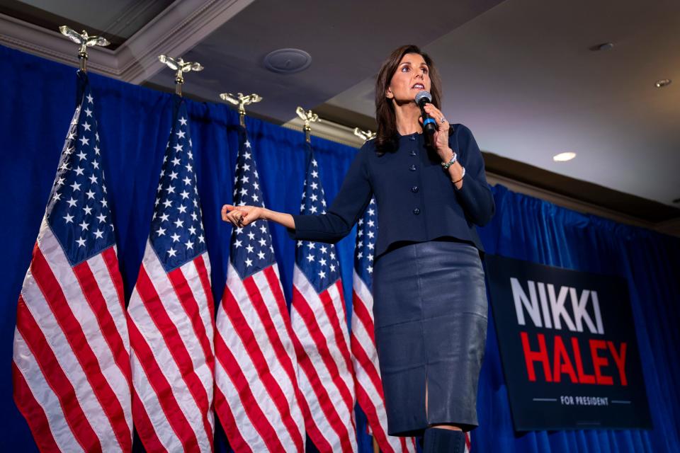 Mar 1, 2024; Washington, DC, USA; Republican presidential candidate Nikki Haley speaks to an audience at a GOP event in Washington.. Mandatory Credit: Jasper Colt-USA TODAY ORG XMIT: USAT-752215 (Via OlyDrop)