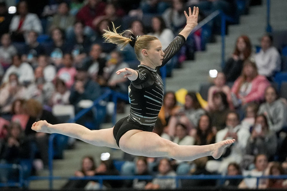 Jade Carey competes in the floor exercise during the U.S. Classic gymnastics event Saturday, May 18, 2024, in Hartford, Conn. (AP Photo/Bryan Woolston)