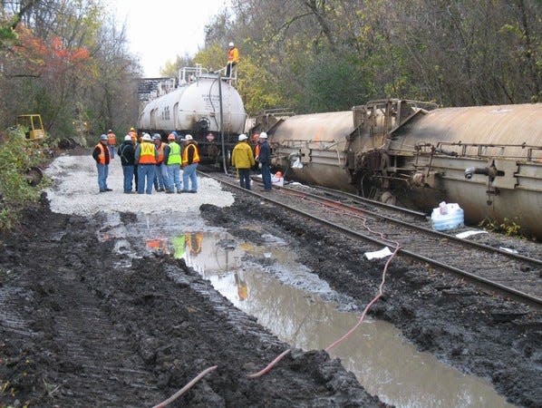 Responders to the 2007 Middlebury train derailment pumped spilled gasoline from the derailed train cars into a tractor-trailer.